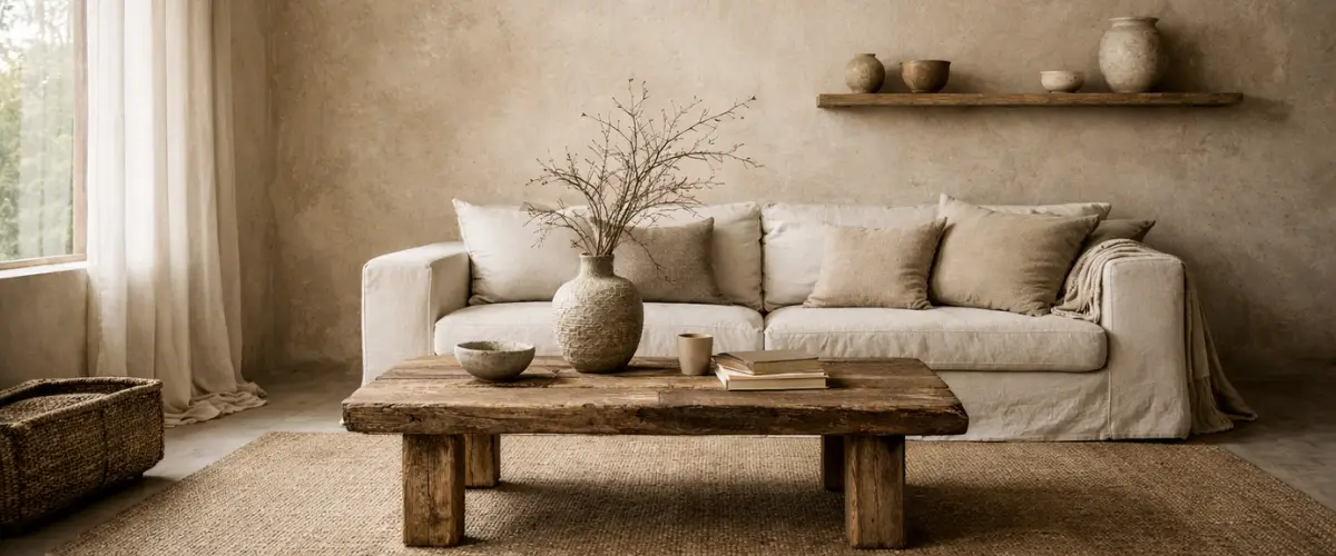 natuurlijk interieur met aardetinten en minimalistische wabi-sabi styling